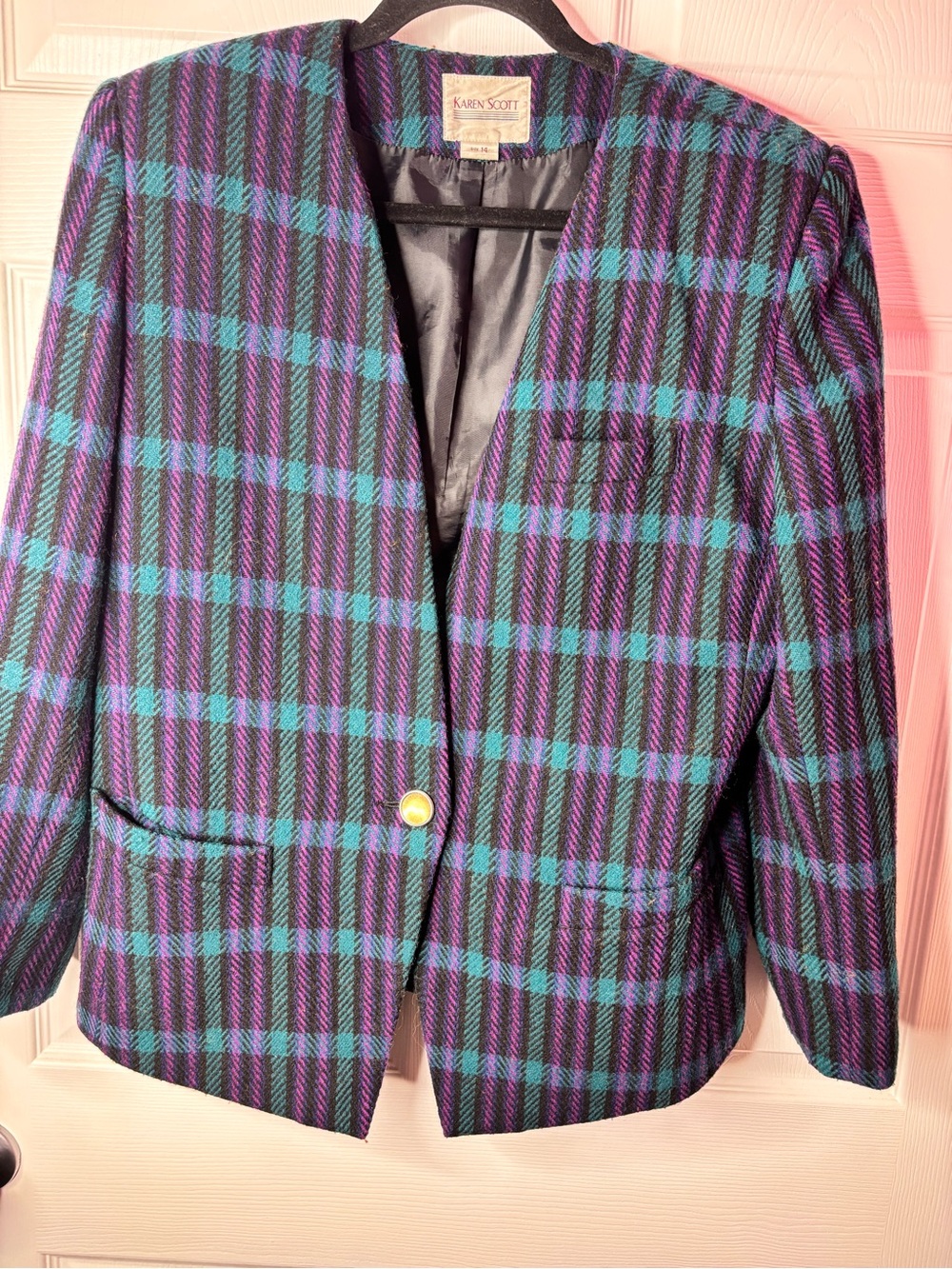Vintage Karen Scott Blazer Size 14 Purple Turquoise Plaid Collarless Gold Button